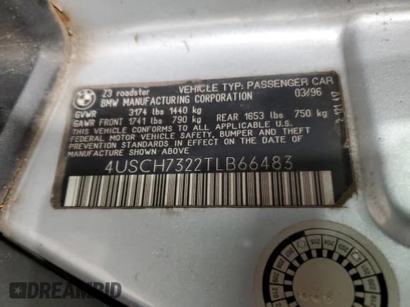 ✅ 1996 BMW 3 Series Z3 1.9 • VIN: 4USCH7322TLB66483 • Lot: 93644165. Listed on Copart with 136,590 mi. Free auction sales archive from the USA and detailed vehicle history report at DreamBid. Image 13.