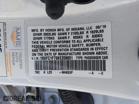 ✅ 2019 Honda Civic EX-L • VIN: 19XFC1F75KE208851 • Lot: 43142777. Listed on IAAI with 46,832 mi. Free auction sales archive from the USA and detailed vehicle history report at DreamBid. Image 9.