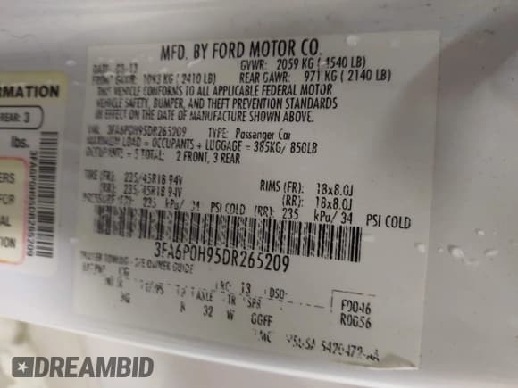 ✅ 2013 Ford Fusion SE • VIN: 3FA6P0H95DR265209 • Lot: 43595897. Listed on IAAI with 167,969 mi. Free auction sales archive from the USA and detailed vehicle history report at DreamBid. Image 9.