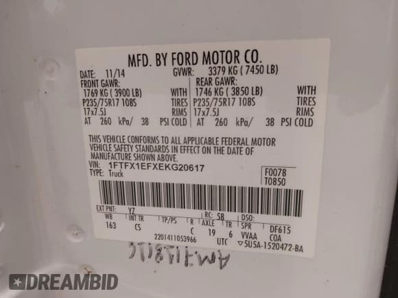 ✅ 2014 Ford F-150 XL • VIN: 1FTFX1EFXEKG20617 • Lot: 41531746. Listed on IAAI with 262,007 mi. Free auction sales archive from the USA and detailed vehicle history report at DreamBid. Image 9.