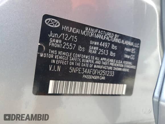 2015 Hyundai Sonata Sport with VIN 5NPE34AF0FH251233, listed as a Copart auction lot 85766045 with 114,579 mi miles and Salvage title. Bid and sale history available at DreamBid. Image 13.