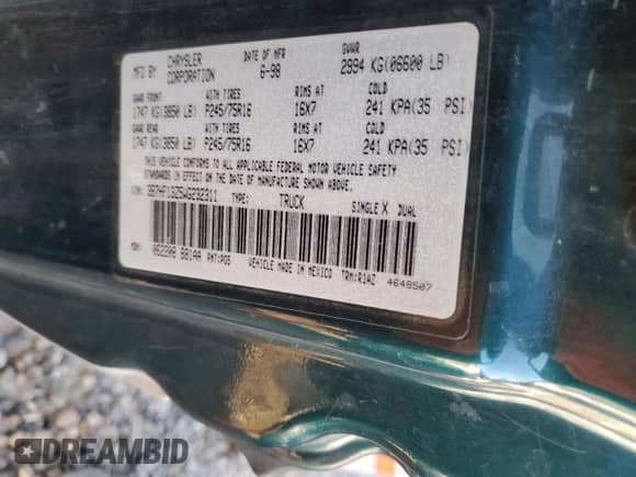 1998 Dodge 1500 с VIN 3B7HF13Z5WG232311, выставлен на аукционе Copart как лот 82029154 с пробегом 306 921 миль миль и Списание • Salvage title. История ставок и продаж доступна на DreamBid. Изображение 14.