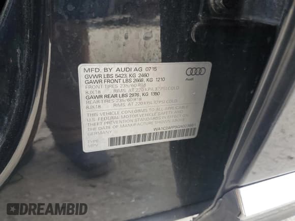 ✅ 2016 Audi Q5 Premium • VIN: WA1C2AFP9GA023681 • Lot: 93128675. Listed on Copart with 109,740 mi. Free auction sales archive from the USA and detailed vehicle history report at DreamBid. Image 13.