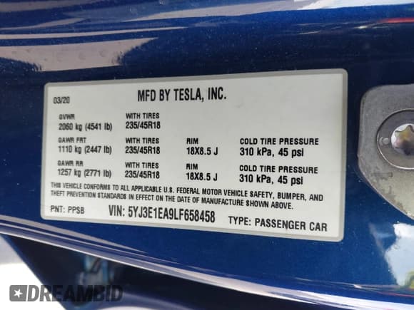 ✅ 2020 Tesla Model 3 Standard Range Plus • VIN: 5YJ3E1EA9LF658458 • Лот: 43665028. Опубликован ранее на IAAI с пробегом 34 048 миль. Бесплатный доступ к архиву аукционных продаж из США и подробный отчёт об истории автомобиля на DreamBid. Изображение 9.