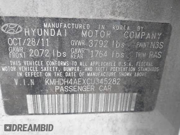 2012 Hyundai Elantra GLS with VIN KMHDH4AEXCU345282, listed as a IAAI auction lot 43568235 with 318,059 mi miles and . Bid and sale history available at DreamBid. Image 9.