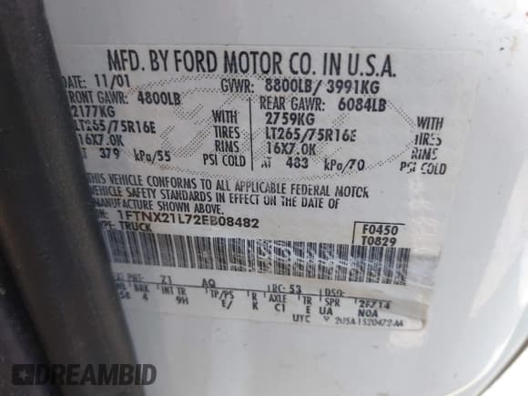 ✅ 2002 Ford F-250 XL • VIN: 1FTNX21L72EB08482 • Lot: 42880629. Listed on IAAI with Not provided. Free auction sales archive from the USA and detailed vehicle history report at DreamBid. Image 9.