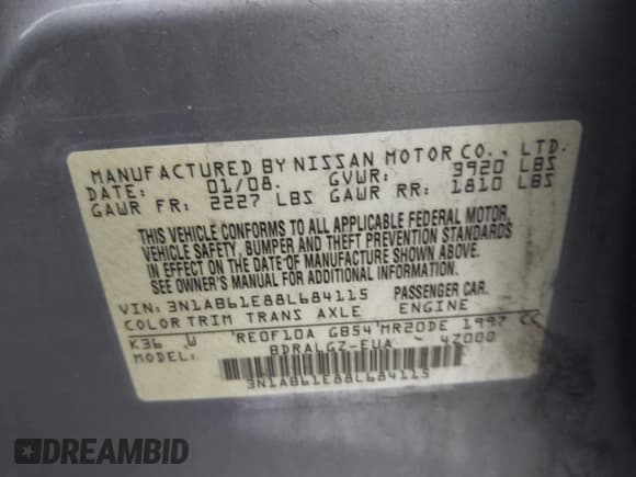 ✅ 2008 Nissan Sentra S • VIN: 3N1AB61E88L684115 • Лот: 42176197. Опубликован ранее на IAAI с пробегом 178 180 миль. Бесплатный доступ к архиву аукционных продаж из США и подробный отчёт об истории автомобиля на DreamBid. Изображение 9.