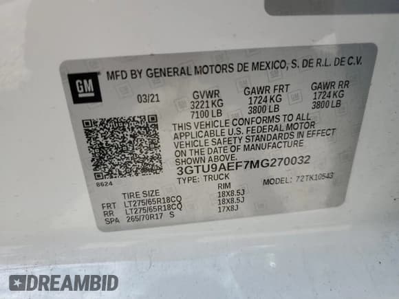 ✅ 2021 GMC Sierra 1500 • VIN: 3GTU9AEF7MG270032 • Lot: 62714895. Wystawiony na Copart z przebiegiem 23 609 mil. Bezpłatny archiwum sprzedaży aukcyjnych z USA i szczegółowy raport historii pojazdu na DreamBid. Zdjęcie 12.