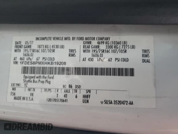 ✅ 2017 Ford Transit • VIN: 1FDES8PMXHKB19208 • Лот: 72480604. Опубликован ранее на Copart с пробегом Не указан. Бесплатный доступ к архиву аукционных продаж из США и подробный отчёт об истории автомобиля на DreamBid. Изображение 12.