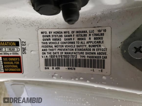 ✅ 2011 Honda Civic EX • VIN: 19XFA1F87BE017012 • Lot: 82489825. Listed on Copart with Not provided. Free auction sales archive from the USA and detailed vehicle history report at DreamBid. Image 13.