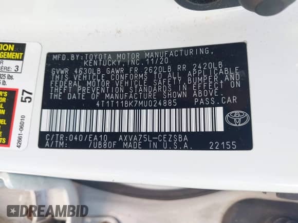 2021 Toyota Camry SE with VIN 4T1T11BK7MU024885, listed as a IAAI auction lot 43113875 with 62,020 mi miles and . Bid and sale history available at DreamBid. Image 9.