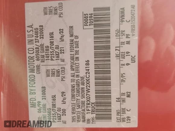 ✅ 1999 Ford F-150 • VIN: 1FTRX07W2XKC24186 • Lot: 74553294. Listed on Copart with Not provided. Free auction sales archive from the USA and detailed vehicle history report at DreamBid. Image 12.