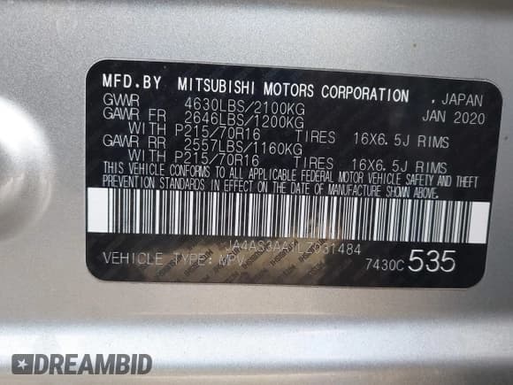 ✅ 2020 Mitsubishi Eclipse Cross ES • VIN: JA4AS3AA1LZ031484 • Lot: 42033036. Listed on IAAI with 123,103 mi. Free auction sales archive from the USA and detailed vehicle history report at DreamBid. Image 9.