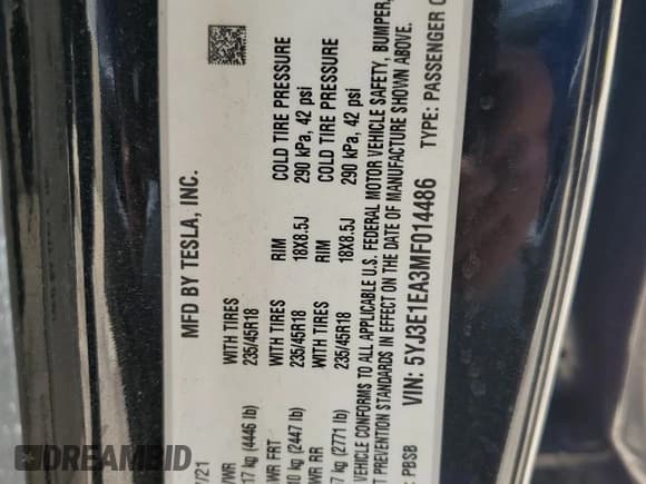 ✅ 2021 Tesla Model 3 Standard Range Plus • VIN: 5YJ3E1EA3MF014486 • Лот: 82055195. Опубликован ранее на Copart с пробегом 70 540 миль. Бесплатный доступ к архиву аукционных продаж из США и подробный отчёт об истории автомобиля на DreamBid. Изображение 13.