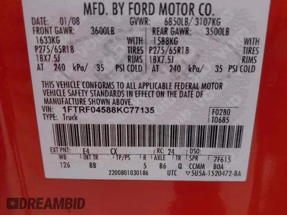 ✅ 2008 Ford F-150 XLT • VIN: 1FTRF04588KC77135 • Lot: 62321765. Wystawiony na Copart z przebiegiem 189 728 mil. Bezpłatny archiwum sprzedaży aukcyjnych z USA i szczegółowy raport historii pojazdu na DreamBid. Zdjęcie 12.