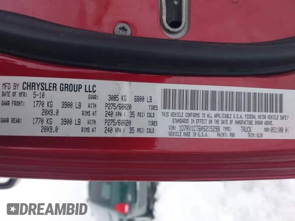 2010 Dodge 1500 Sport z VIN 1D7RV1CT6AS215298, wystawiony jako IAAI lot #41302229 z przebiegiem 299 836 mil mil oraz . Historia ofert i sprzedaży dostępna na DreamBid. Obrazek 9.