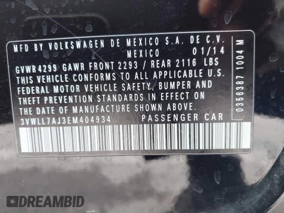 ✅ 2014 Volkswagen Jetta TDI w/Premium/Nav • VIN: 3VWLL7AJ3EM404934 • Lot: 42809693. Listed on IAAI with 142,331 mi. Free auction sales archive from the USA and detailed vehicle history report at DreamBid. Image 9.