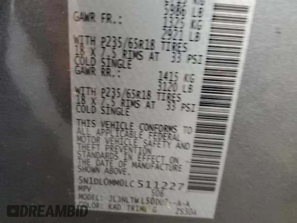 ✅ 2020 Infiniti QX60 Pure • VIN: 5N1DL0MM0LC511227 • Lot: 70604635. Listed on Copart with Not provided. Free auction sales archive from the USA and detailed vehicle history report at DreamBid. Image 13.