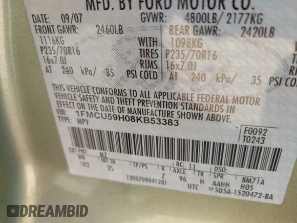 ✅ 2008 Ford Escape Hybrid • VIN: 1FMCU59H08KB53383 • Lot: 43886970. Listed on IAAI with 130,642 mi. Free auction sales archive from the USA and detailed vehicle history report at DreamBid. Image 9.