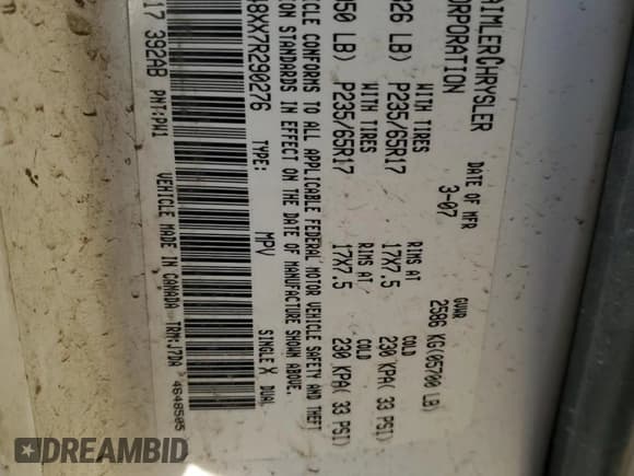 ✅ 2007 Chrysler Pacifica • VIN: 2A8GF48XX7R290276 • Lot: 40814104. Listed on Copart with 174,354 mi. Free auction sales archive from the USA and detailed vehicle history report at DreamBid. Image 14.