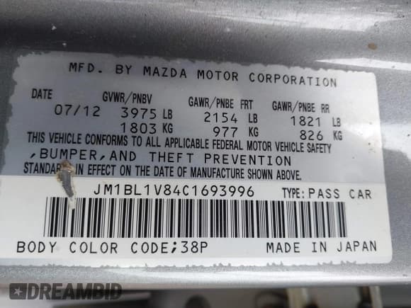 ✅ 2012 Mazda 3 i Touring • VIN: JM1BL1V84C1693996 • Lot: 43225641. Listed on IAAI with 125,243 mi. Free auction sales archive from the USA and detailed vehicle history report at DreamBid. Image 9.