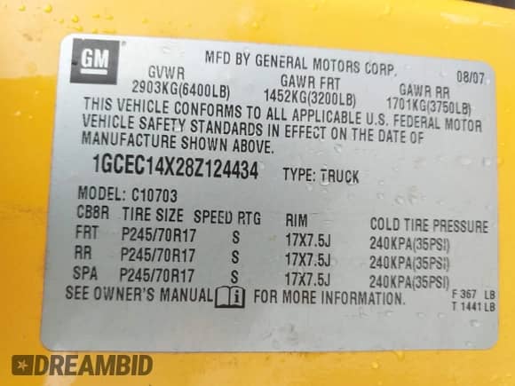 2008 Chevrolet Silverado 1500 Work Truck z VIN 1GCEC14X28Z124434, wystawiony jako IAAI lot #42358368 z przebiegiem 261 241 mil mil oraz . Historia ofert i sprzedaży dostępna na DreamBid. Obrazek 9.
