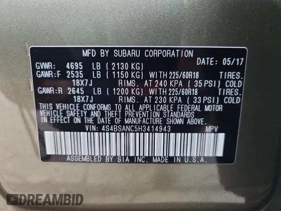 ✅ 2017 Subaru Outback Limited • VIN: 4S4BSANC5H3414943 • Lot: 81920145. Listed on Copart with 91,162 mi. Free auction sales archive from the USA and detailed vehicle history report at DreamBid. Image 13.