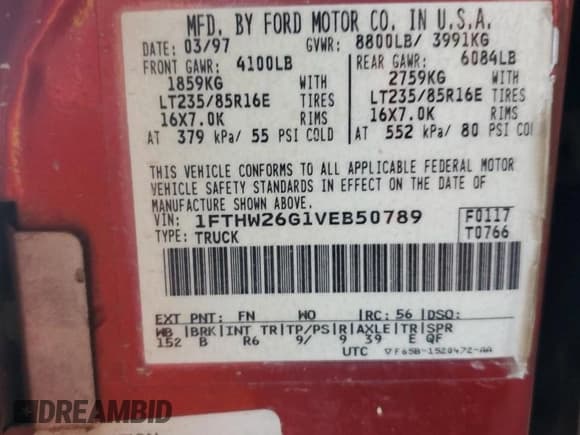 ✅ 1997 Ford F-250 • VIN: 1FTHW26G1VEB50789 • Lot: 47265135. Wystawiony na Copart z przebiegiem 207 137 mil. Bezpłatny archiwum sprzedaży aukcyjnych z USA i szczegółowy raport historii pojazdu na DreamBid. Zdjęcie 12.