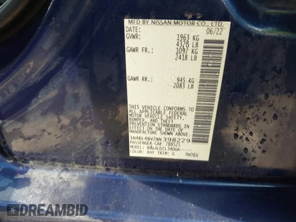 ✅ 2022 Nissan Altima S • VIN: 1N4BL4BV2NN398229 • Lot: 43190845. Listed on IAAI with 131,945 mi. Free auction sales archive from the USA and detailed vehicle history report at DreamBid. Image 9.