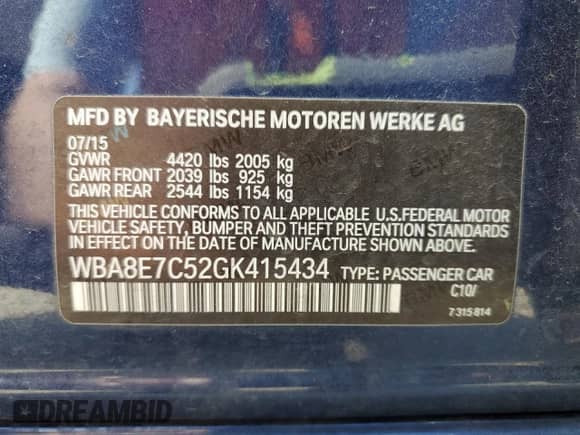 2016 BMW 3 Series z VIN WBA8E7C52GK415434, wystawiony jako Copart lot #52908405 z przebiegiem 124 476 mil mil oraz Nie do naprawy • Non repairable. Historia ofert i sprzedaży dostępna na DreamBid. Obrazek 12.