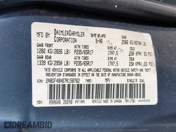 ✅ 2007 Chrysler Pacifica • VIN: 2A8GF48X67R158762 • Lot: 70044154. Listed on Copart with 209,816 mi. Free auction sales archive from the USA and detailed vehicle history report at DreamBid. Image 10.