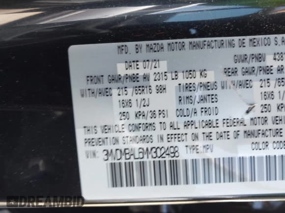 ✅ 2021 Mazda CX-30 S • VIN: 3MVDMBAL6MM302498 • Lot: 42012356. Listed on IAAI with 50,477 mi. Free auction sales archive from the USA and detailed vehicle history report at DreamBid. Image 9.