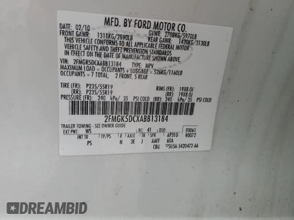 ✅ 2010 Ford Flex Limited • VIN: 2FMGK5DCXABB13184 • Lot: 84982055. Listed on Copart with 179,049 mi. Free auction sales archive from the USA and detailed vehicle history report at DreamBid. Image 13.