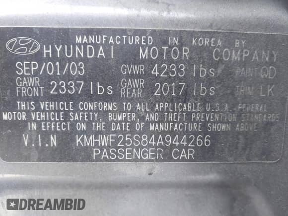 2004 Hyundai Sonata z VIN KMHWF25S84A944266, wystawiony jako IAAI lot #41723386 z przebiegiem 159 849 mil mil oraz . Historia ofert i sprzedaży dostępna na DreamBid. Obrazek 9.