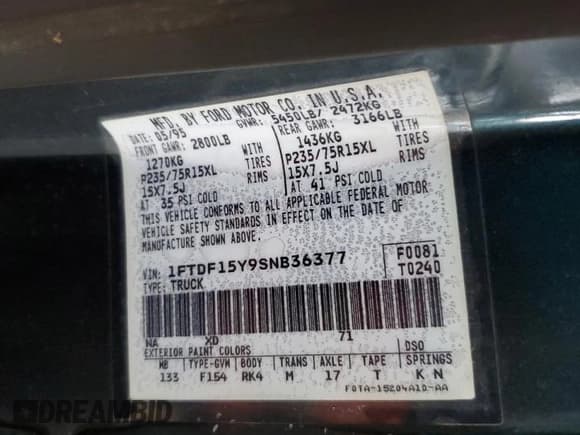 ✅ 1995 Ford F-150 • VIN: 1FTDF15Y9SNB36377 • Lot: 67801235. Listed on Copart with Not provided. Free auction sales archive from the USA and detailed vehicle history report at DreamBid. Image 12.