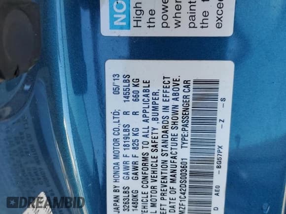 ✅ 2013 Honda CR-Z • VIN: JHMZF1C42DS003601 • Lot: 57768905. Listed on Copart with 162,880 mi. Free auction sales archive from the USA and detailed vehicle history report at DreamBid. Image 13.