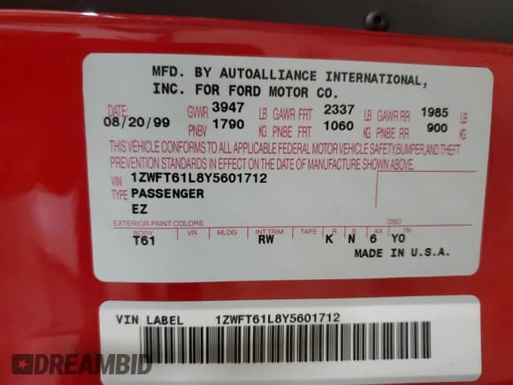 ✅ 2000 Mercury Cougar • VIN: 1ZWFT61L8Y5601712 • Lot: 75811784. Listed on Copart with 40,429 mi. Free auction sales archive from the USA and detailed vehicle history report at DreamBid. Image 12.