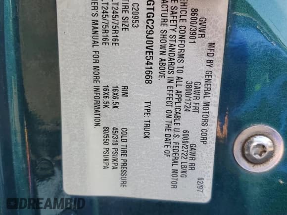 ✅ 1997 GMC Sierra 2500 • VIN: 1GTGC29J0VE541668 • Лот: 43625795. Опубликован ранее на Copart с пробегом 68 131 миль. Бесплатный доступ к архиву аукционных продаж из США и подробный отчёт об истории автомобиля на DreamBid. Изображение 12.