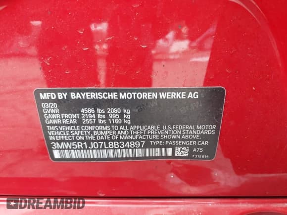 ✅ 2020 BMW 3 Series 330i • VIN: 3MW5R1J07L8B34897 • Lot: 43167921. Listed on IAAI with 74,220 mi. Free auction sales archive from the USA and detailed vehicle history report at DreamBid. Image 9.