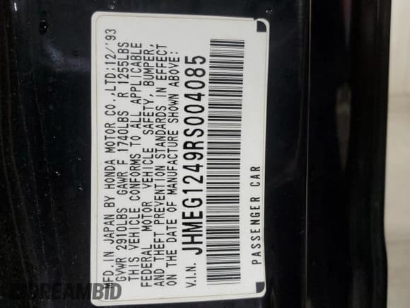 ✅ 1994 Honda Civic • VIN: JHMEG1249RS004085 • Lot: 85302255. Listed on Copart with 173,762 mi. Free auction sales archive from the USA and detailed vehicle history report at DreamBid. Image 12.