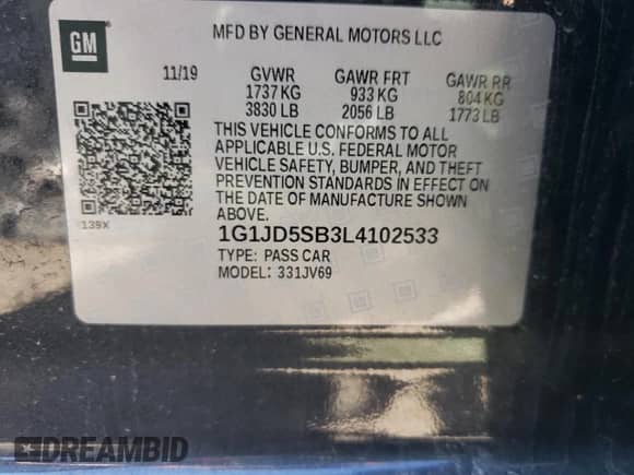 2020 Chevrolet Sonic LT with VIN 1G1JD5SB3L4102533, listed as a Copart auction lot 69477704 with 110,785 mi miles and Salvage title. Bid and sale history available at DreamBid. Image 13.