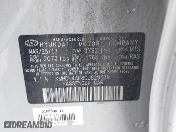 ✅ 2013 Hyundai Elantra GLS • VIN: KMHDH4AE8DU829579 • Lot: 42940329. Listed on IAAI with 153,115 mi. Free auction sales archive from the USA and detailed vehicle history report at DreamBid. Image 9.