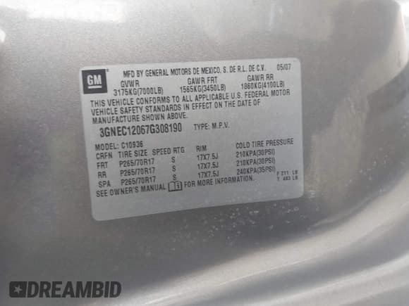✅ 2007 Chevrolet Avalanche LS • VIN: 3GNEC12067G308190 • Lot: 41906624. Listed on IAAI with 259,327 mi. Free auction sales archive from the USA and detailed vehicle history report at DreamBid. Image 9.