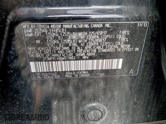 ✅ 2013 Toyota RAV4 XLE • VIN: 2T3WFREV9DW071863 • Lot: 97011615. Listed on Copart with 198,372 mi. Free auction sales archive from the USA and detailed vehicle history report at DreamBid. Image 13.