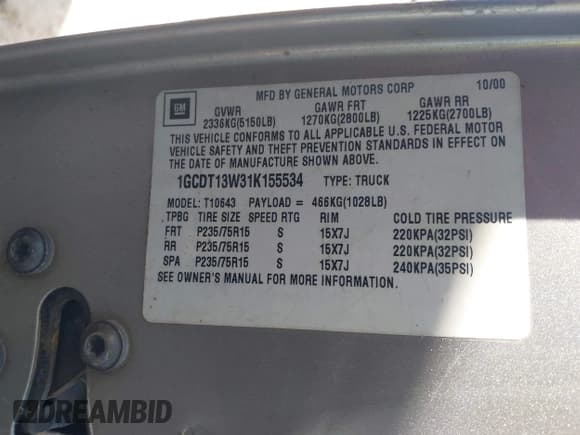 ✅ 2001 Chevrolet S-10 LS • VIN: 1GCDT13W31K155534 • Лот: 43455823. Опубликован ранее на IAAI с пробегом 282 026 миль. Бесплатный доступ к архиву аукционных продаж из США и подробный отчёт об истории автомобиля на DreamBid. Изображение 9.