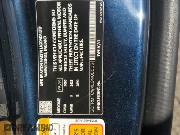 ✅ 2020 Aston Martin DB11 • VIN: SCFRMFCWXLGM08503 • Лот: 42491235. Опубликован ранее на Copart с пробегом Не указан. Бесплатный доступ к архиву аукционных продаж из США и подробный отчёт об истории автомобиля на DreamBid. Изображение 12.