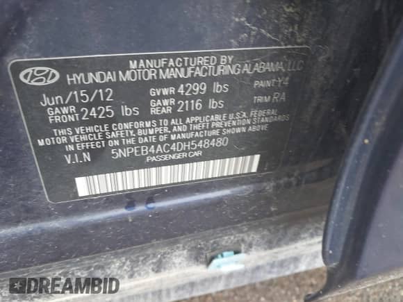 2013 Hyundai Sonata GLS with VIN 5NPEB4AC4DH548480, listed as a IAAI auction lot 43301407 with 114,805 mi miles and . Bid and sale history available at DreamBid. Image 9.