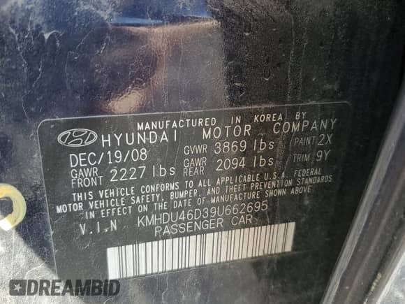 2009 Hyundai Elantra GLS z VIN KMHDU46D39U662695, wystawiony jako Copart lot #74430894 z przebiegiem 187 591 mil mil oraz Szkoda całkowita • Salvage title. Historia ofert i sprzedaży dostępna na DreamBid. Obrazek 14.