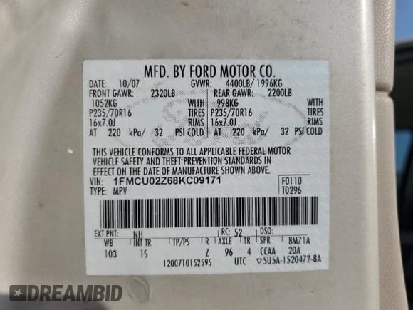 ✅ 2008 Ford Escape XLS • VIN: 1FMCU02Z68KC09171 • Лот: 80806075. Опубликован ранее на Copart с пробегом 211 330 миль. Бесплатный доступ к архиву аукционных продаж из США и подробный отчёт об истории автомобиля на DreamBid. Изображение 13.