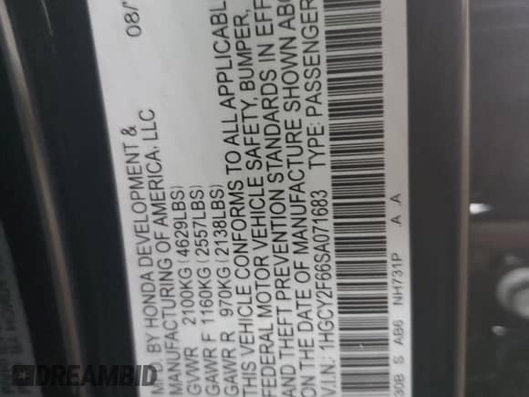 2025 Honda Accord EX-L с VIN 1HGCY2F66SA071683, выставлен на аукционе Copart как лот 82181215 с пробегом 2 910 миль миль и Списание • Salvage title. История ставок и продаж доступна на DreamBid. Изображение 12.